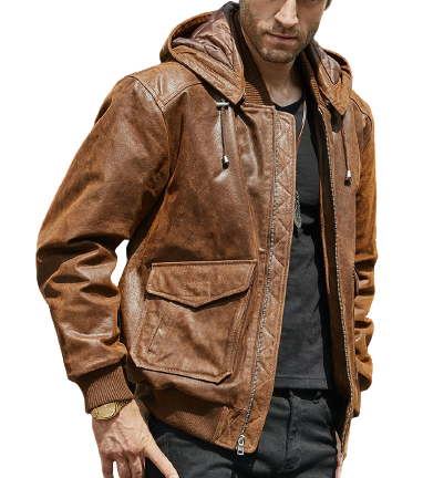 Mens Hart Genuine Brown Leather Hooded Bomber Jacket