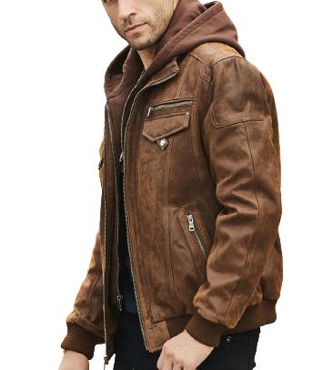 Mens Harold Genuine Brown Leather Hooded Bomber Jacket