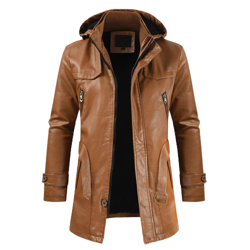 Mens Chris Front Button and Zippered Hooded Leather Coat