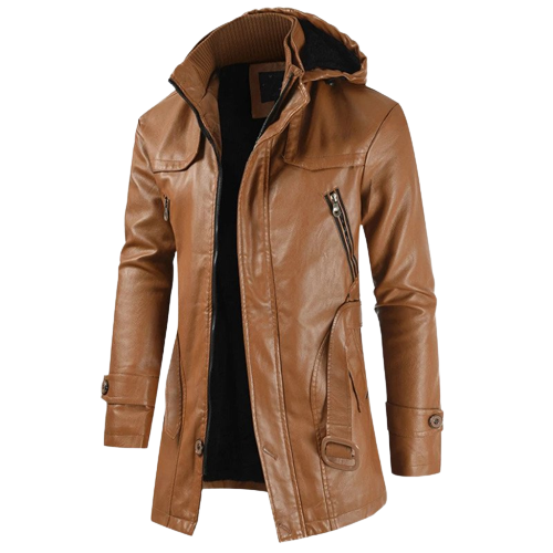 Mens Chris Front Button and Zippered Hooded Leather Coat