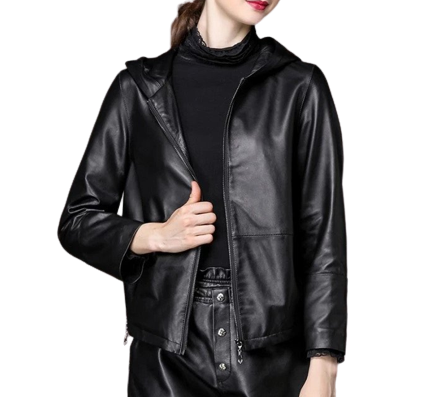 Womens Martha Genuine Black Leather Hooded Bomber Jacket