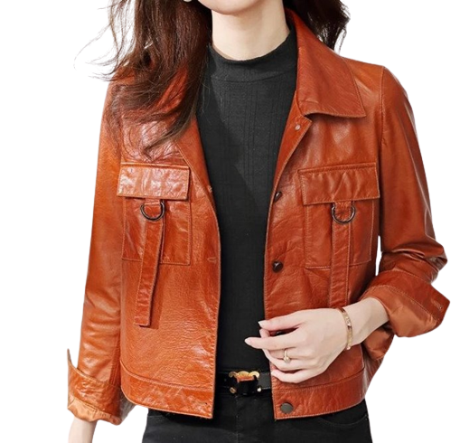 Womens Carolyn Front Pocket Tan Genuine Lambskin Leather Jacket