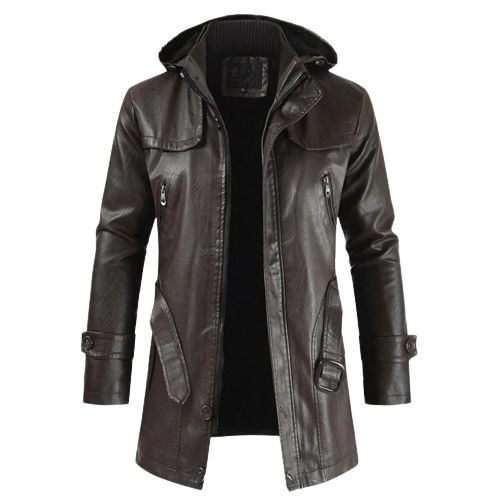 Mens Chris Front Button and Zippered Hooded Leather Coat