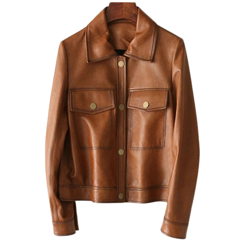 Womens Debra Front Pocket Brown Genuine Lambskin Leather Jacket