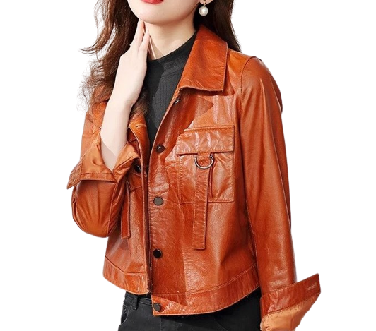 Womens Carolyn Front Pocket Tan Genuine Lambskin Leather Jacket