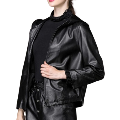 Womens Martha Genuine Black Leather Hooded Bomber Jacket