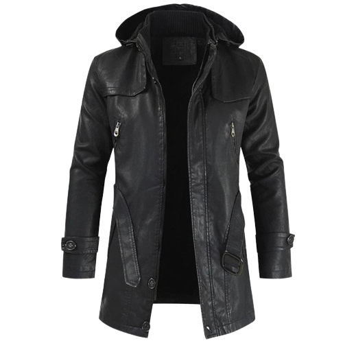 Mens Chris Front Button and Zippered Hooded Leather Coat