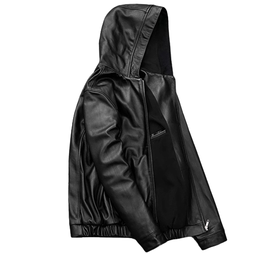 Mens Walter Genuine Black Leather Hooded Bomber Jacket