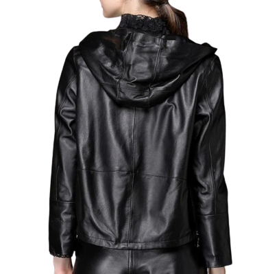 Womens Martha Genuine Black Leather Hooded Bomber Jacket