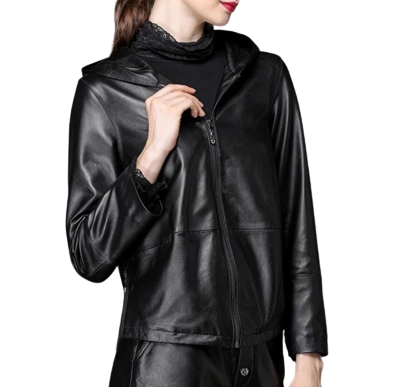 Womens Martha Genuine Black Leather Hooded Bomber Jacket