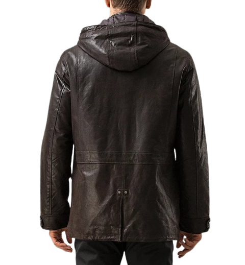 Mens Steve Front Button Choco Brown Hooded Leather Coat