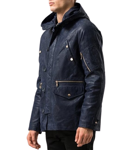 Mens Kenneth Front Button Navy Blue Hooded Leather Coat