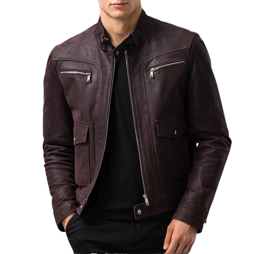 Mens Ed Front Pocket Brown Genuine Lambskin Leather Jacket