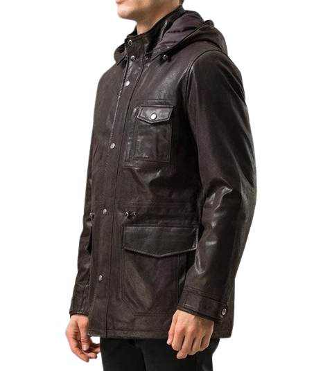 Mens Steve Front Button Choco Brown Hooded Leather Coat