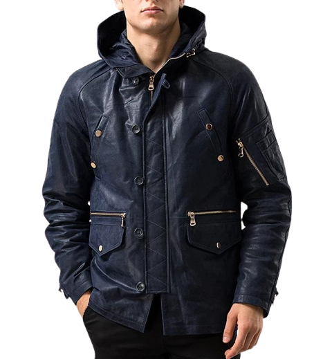 Mens Kenneth Front Button Navy Blue Hooded Leather Coat