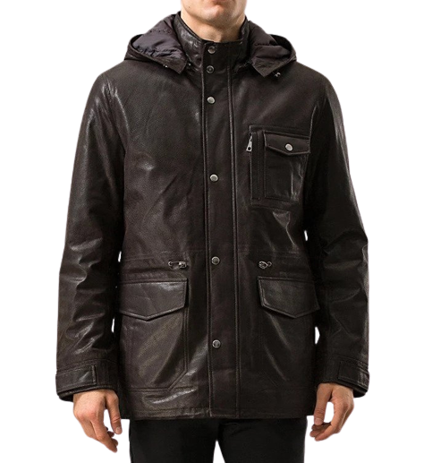 Mens Steve Front Button Choco Brown Hooded Leather Coat