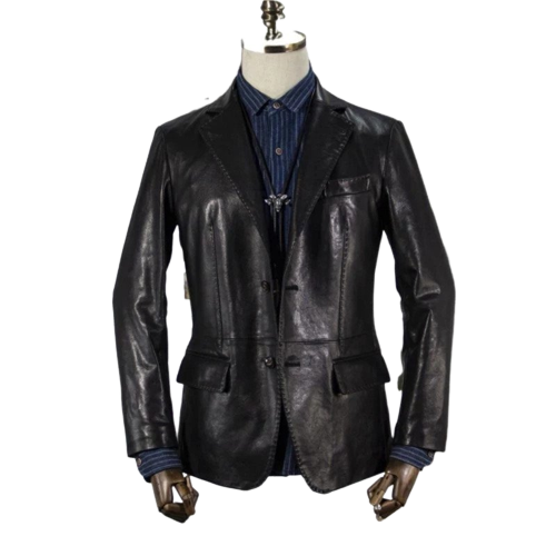 Mens Don Front Button Black Leather Blazer