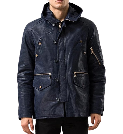 Mens Kenneth Front Button Navy Blue Hooded Leather Coat