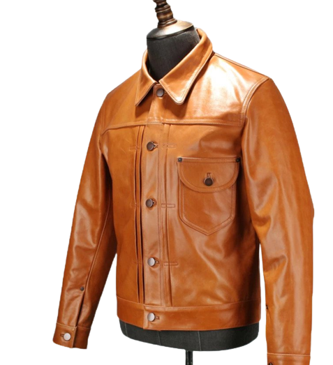 Mens Mike Front Pocket Glossy Tan Genuine Lambskin Leather Jacket