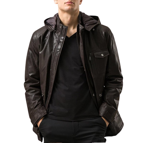 Mens Steve Front Button Choco Brown Hooded Leather Coat