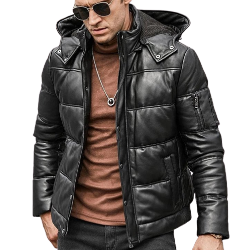 Mens Joseph Genuine Hooded Lambskin Leather Puffer Jacket