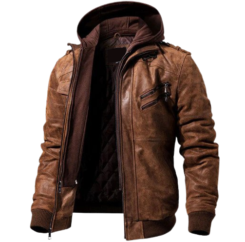 Mens George Genuine Lambskin Leather Distressed Hooded Bomber Jacket