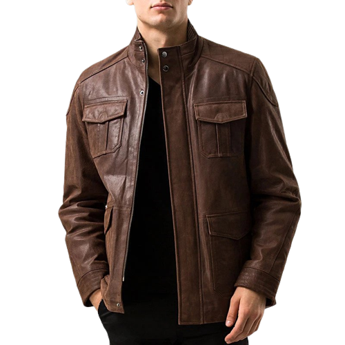 Mens Ron Front Pocket Brown Genuine Cow Leather Jacket