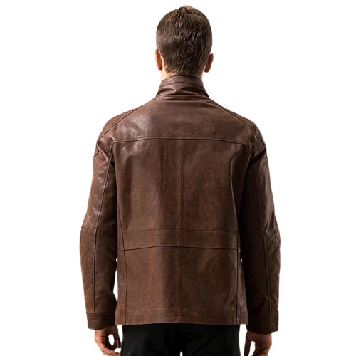 Mens Ron Front Pocket Brown Genuine Cow Leather Jacket