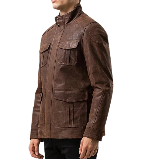 Mens Ron Front Pocket Brown Genuine Cow Leather Jacket