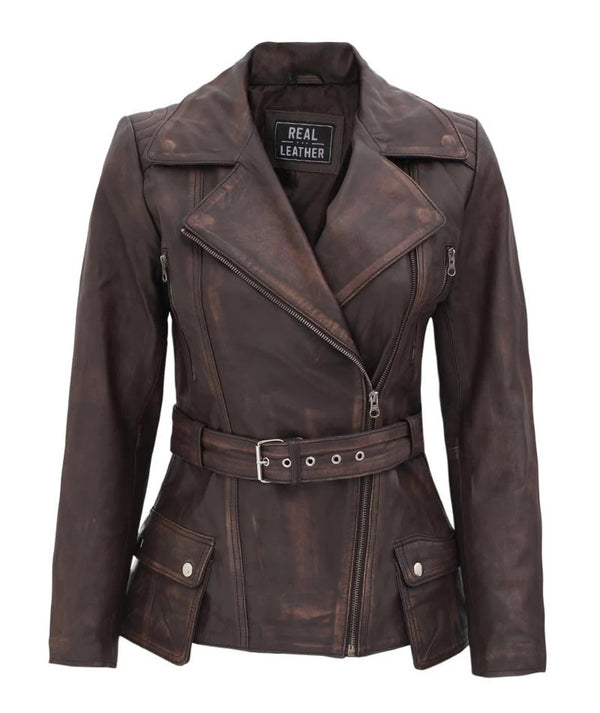 Womens Donna Genuine Lambskin Distressed Leather Coat