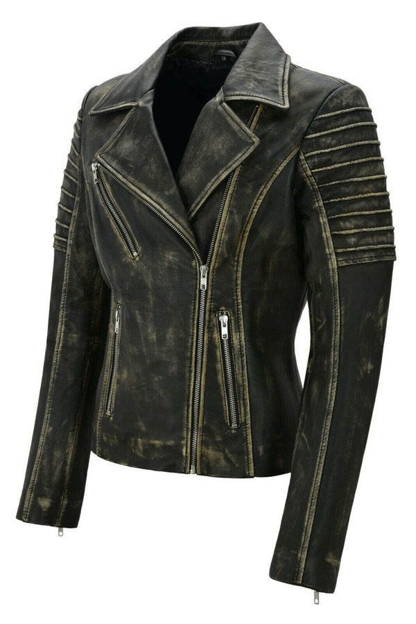 Womens Carol Genuine Lambskin Distressed Leather Jacket