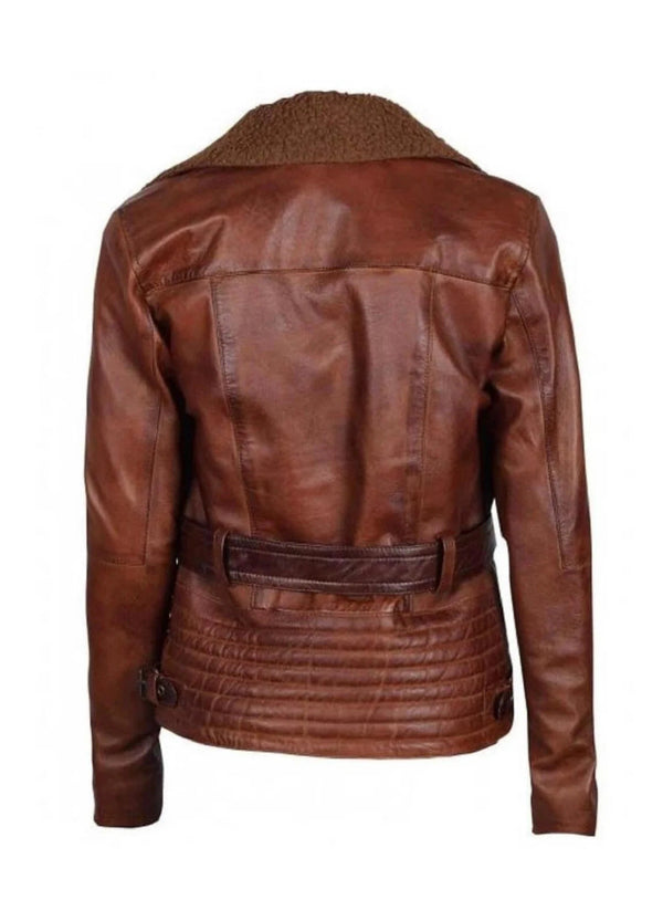 Womens Karen Genuine Lambskin Distressed Leather Fur Collar Biker Jacket