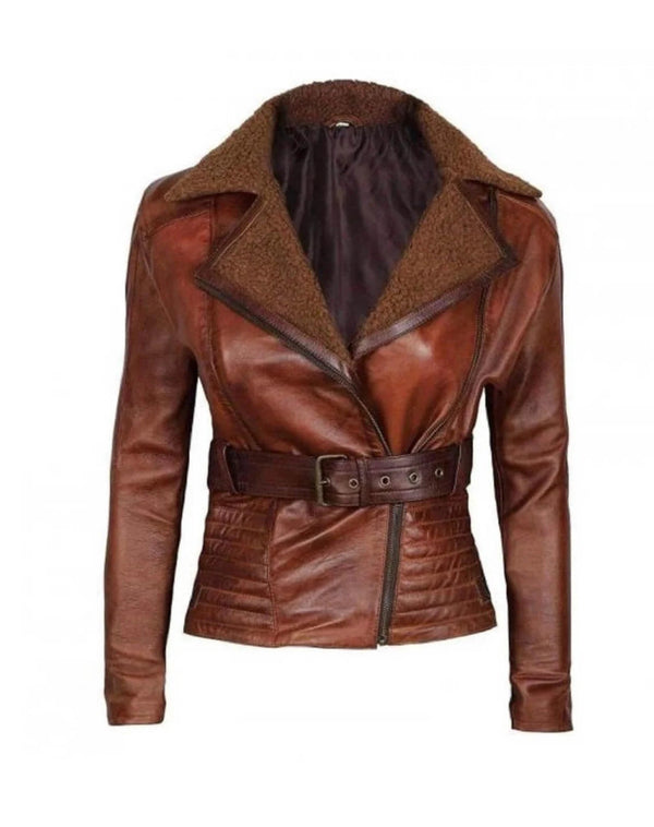 Womens Karen Genuine Lambskin Distressed Leather Fur Collar Biker Jacket