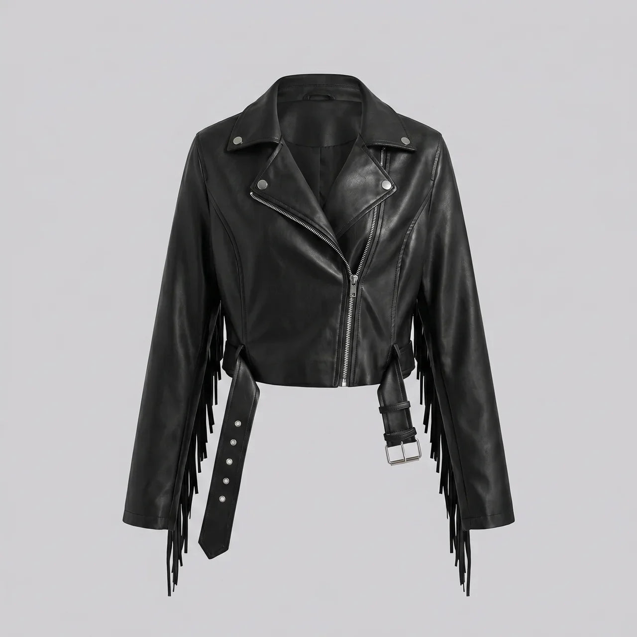 MotoArt Leather Fringe Cropped Moto Jacket