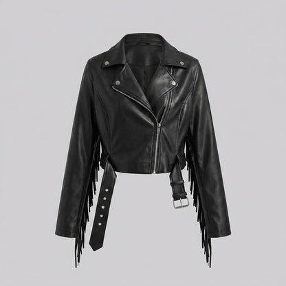 MotoArt Leather Fringe Cropped Moto Jacket