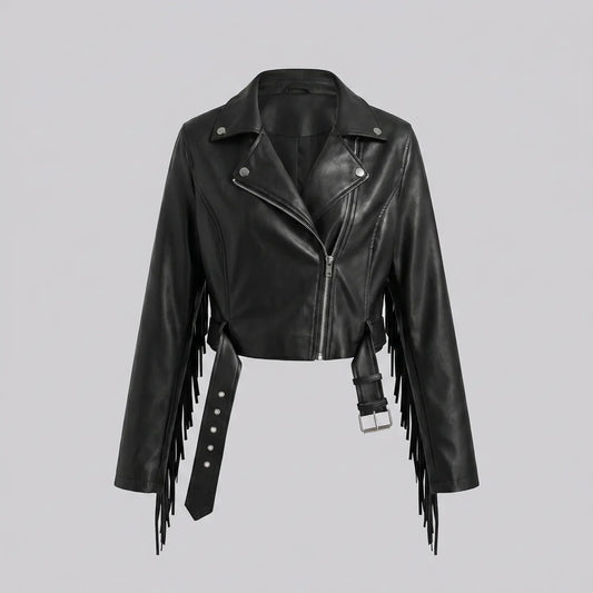 MotoArt Leather Fringe Cropped Moto Jacket