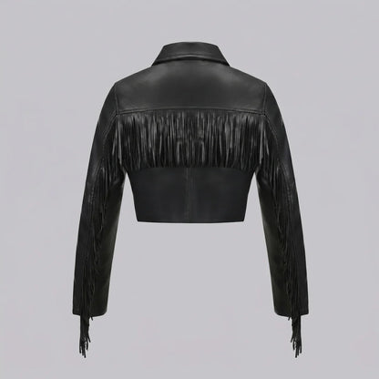 MotoArt Leather Fringe Cropped Moto Jacket