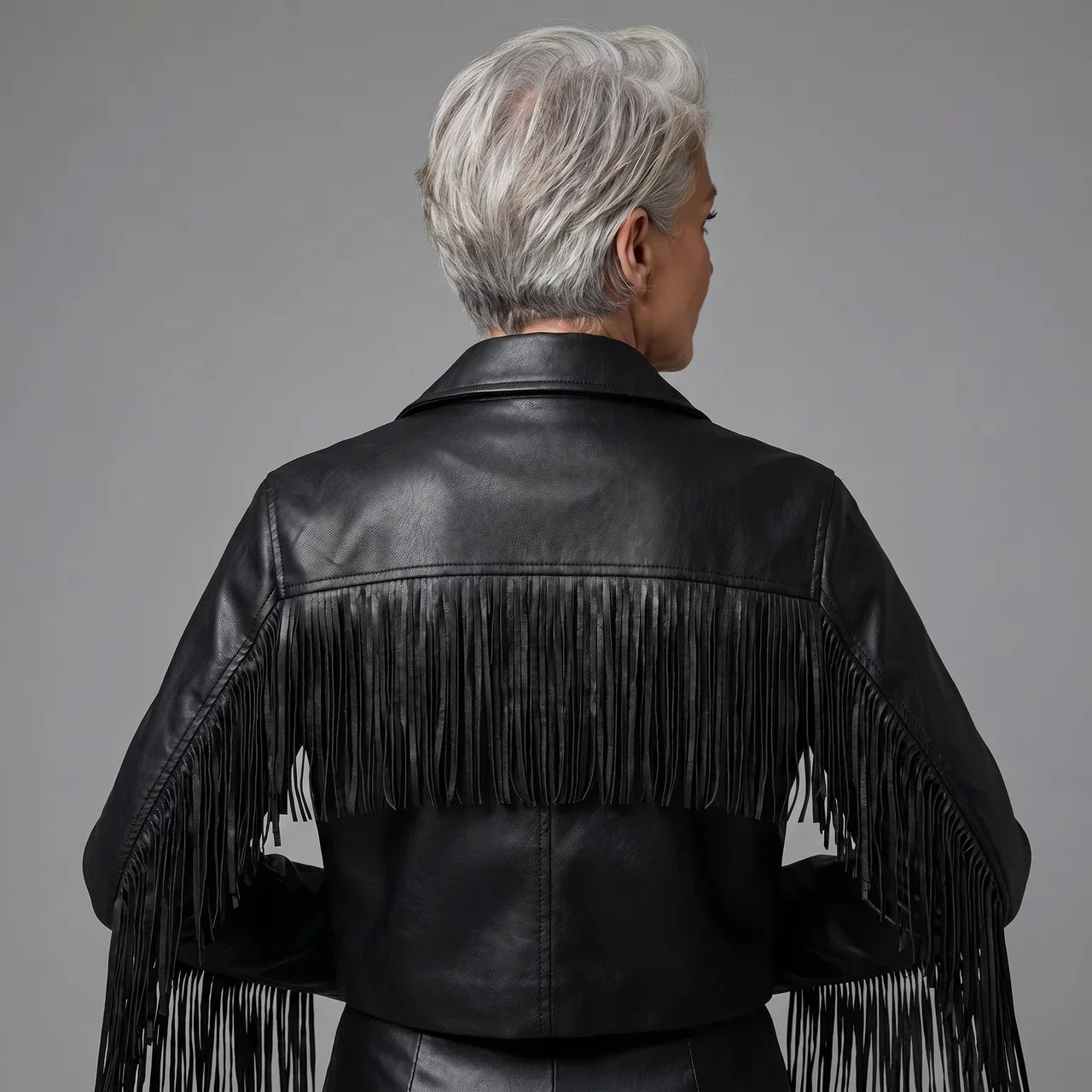 MotoArt Leather Fringe Cropped Moto Jacket