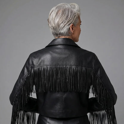 MotoArt Leather Fringe Cropped Moto Jacket