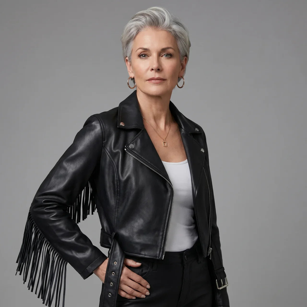 MotoArt Leather Fringe Cropped Moto Jacket