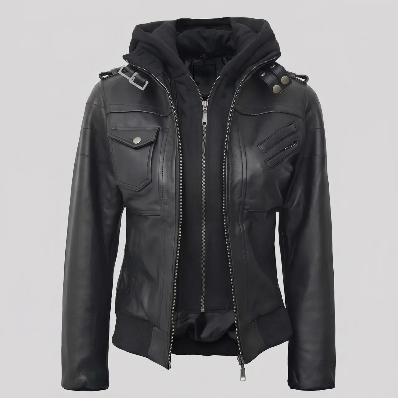 MotoArt Leather Women’s Layered-Hood Moto Jacket