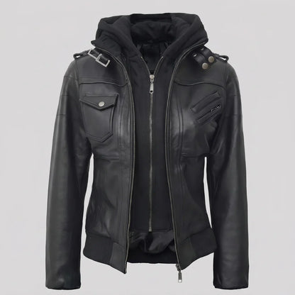 MotoArt Leather Women’s Layered-Hood Moto Jacket