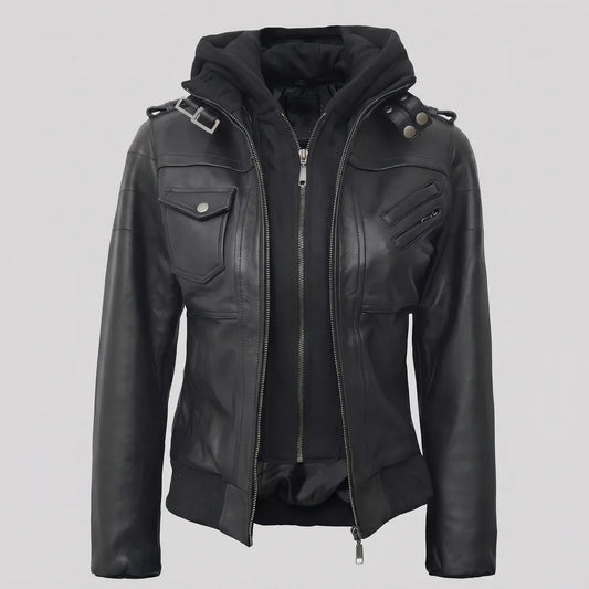 MotoArt Leather Women’s Layered-Hood Moto Jacket