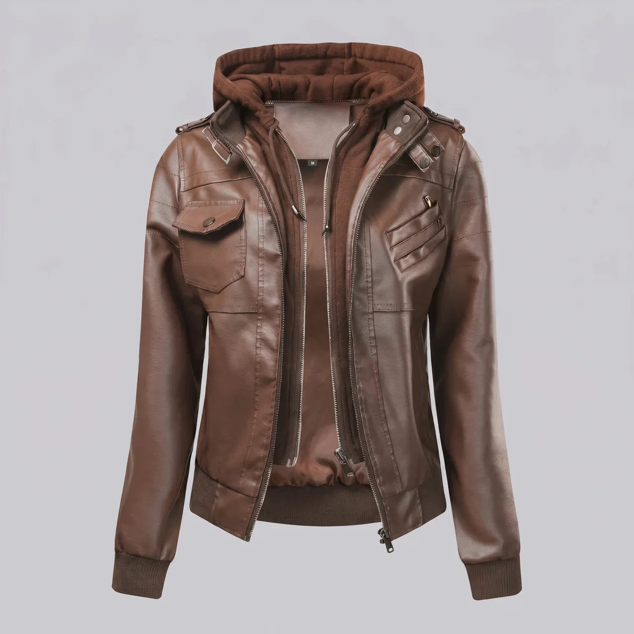 MotoArt Leather Women’s Layered-Hood Moto Jacket
