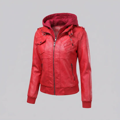 MotoArt Leather Women’s Layered-Hood Moto Jacket
