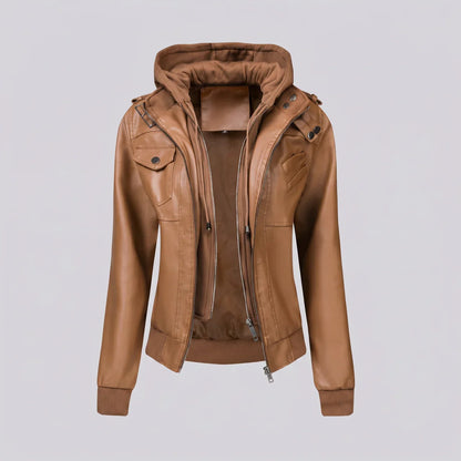 MotoArt Leather Women’s Layered-Hood Moto Jacket