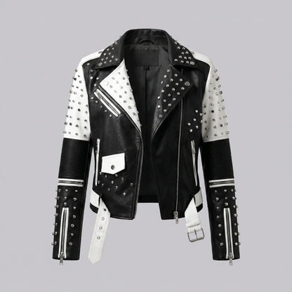 MotoArt Leather Women’s Bicolor Studded Moto Jacket