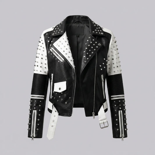 MotoArt Leather Women’s Bicolor Studded Moto Jacket