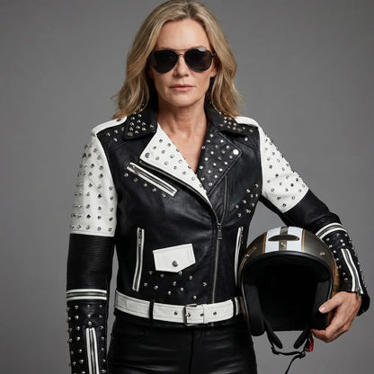 MotoArt Leather Women’s Bicolor Studded Moto Jacket