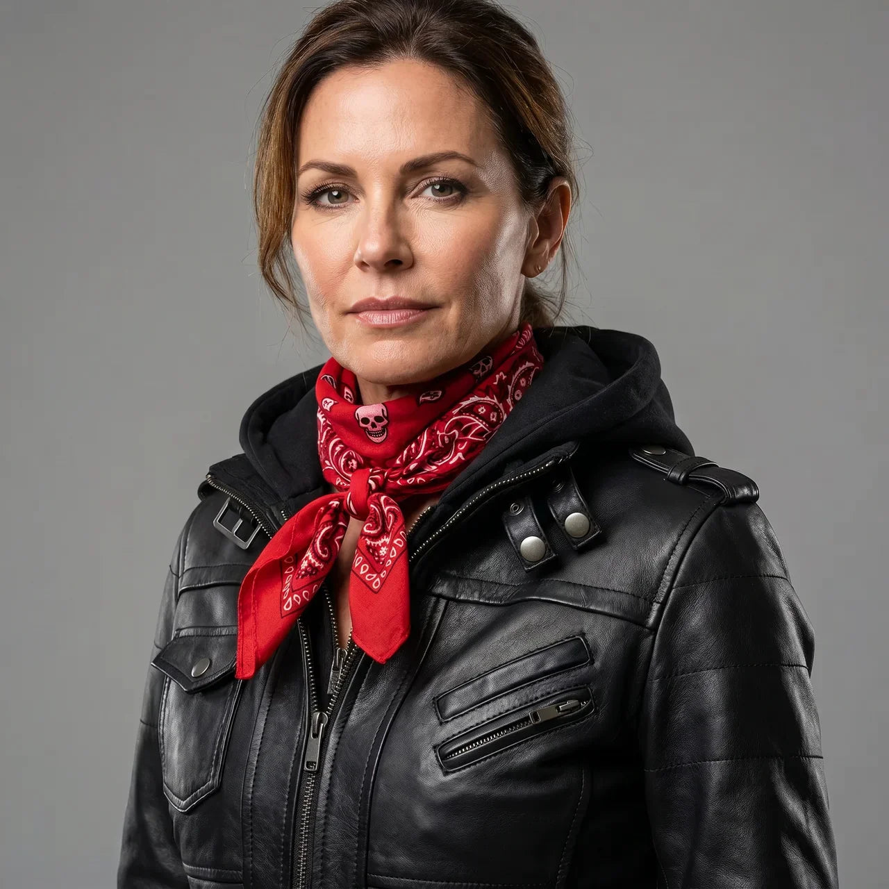 MotoArt Leather Women’s Layered-Hood Moto Jacket